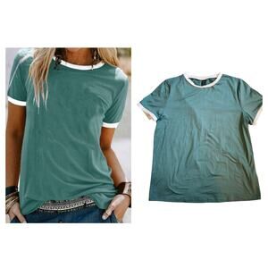 Shein Lune Womens Short Sleeve T-shirt Size M Green White Casual Soft Top /